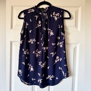 Ann Taylor Navy Blue Sleeveless Top with Pink Leaf Print